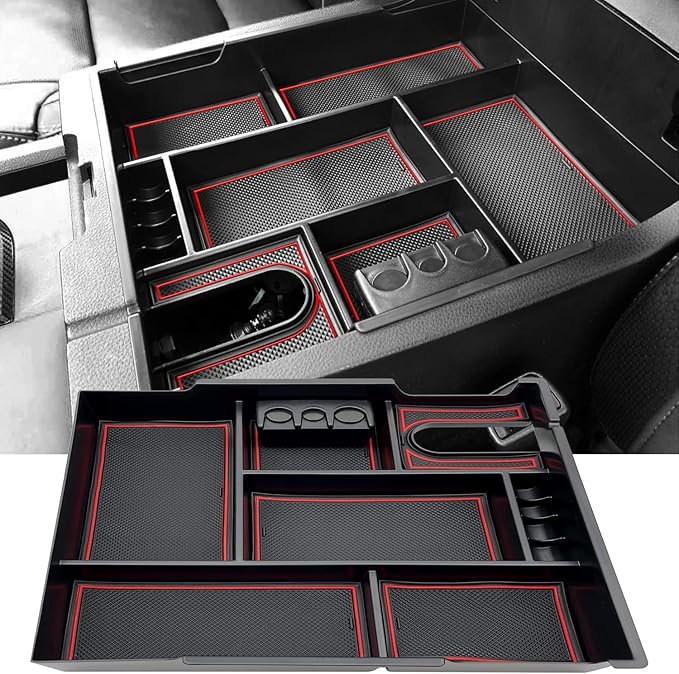 JOJOMARK Compatible with Toyota Tundra Accessories Center Console Tray Organizer for Tundra 2014-2020 2021 Insert ABS Armrest Box Secondary Storage (Red)