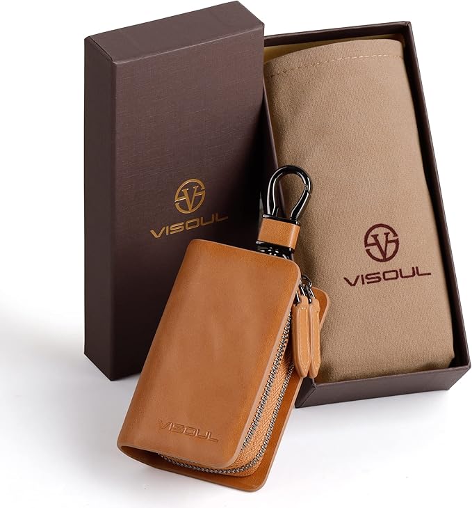 VISOUL Car Key Case Holder Double Zipper, Leather Car Smart Key Fob Case with Keychain for Men and Women