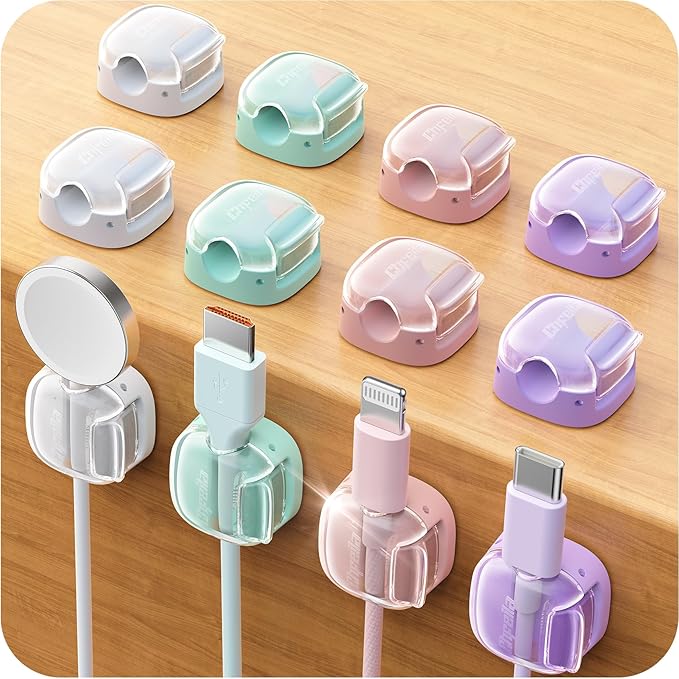 Cable Clips,12 Pack Cord Holder Cord Organizer [1s Lock & Strongest Adhesive] Spring Cord Clips Phone Charger Wire Desk Cable Management Nightstand Home Office School Decor Women Cute Desk Accessories