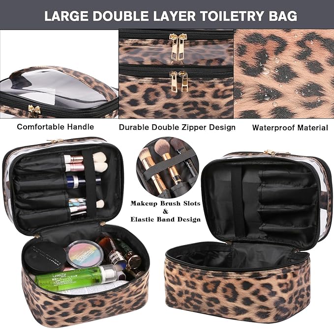 FITINI Makeup Bags Double Layer Travel Large Cosmetic Cases Organizer Toiletry Bags Waterproof Small Zipper Pouch for Women Makeup Brush Storage Bag,Brown Leopard