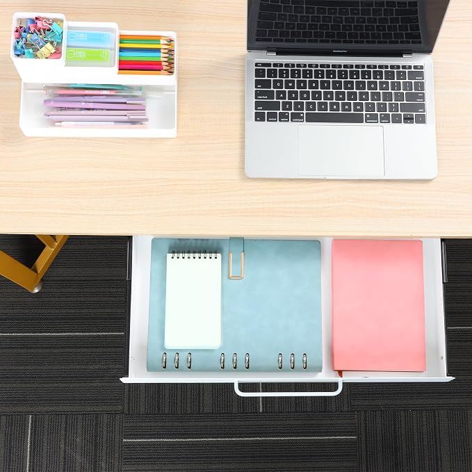 Under Desk Drawer White 21" with 4 Divider Trays, Under Shelf Pencil Drawer Pull-out, Standing Desk Metal Storage Attachment Slide Out for Workbench