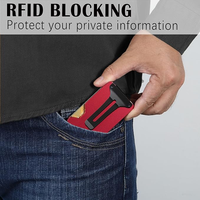 Slim Wallet for Men,RFID Blocking Minimalist Metal Wallet, Money Clip/Cash Holder, Front Pocket Aluminum Credit Card Holder, Ideal Gift for Men-Matte Red