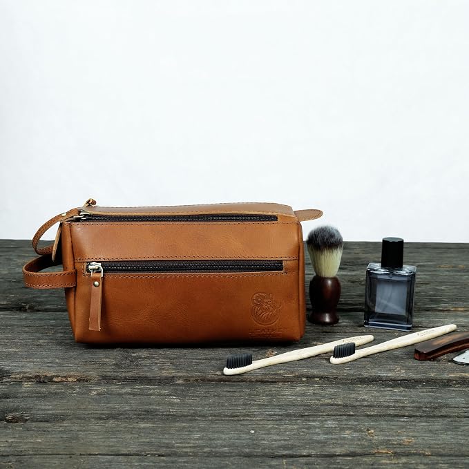 Toiletry Bag for Men – Premium Leather Dopp Kit | Durable Travel Shaving Bag | Stylish Cinnamon Brown Organizer | Compact, Waterproof & Gift-Ready