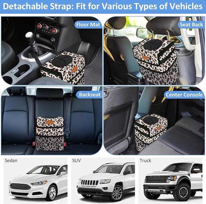 ELONGRIVER Car Trash Can Bin for Back Seat Leak Proof, Cute Car Trash Bag Hanging, Vehicle Trash Can for SUV Truck Van, Automotive Garbage Cans Front Seat Leopard Print
