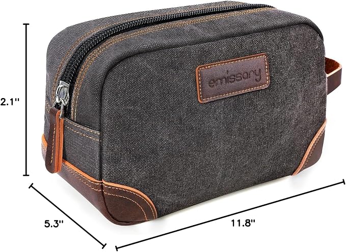 emissary Men's Canvas Travel Toiletry Bag, Leather Dopp Kit - Gray | Durable canvas & PU leather, water-resistant lining, side handle; roomy men's Dopp kit for travel & gym
