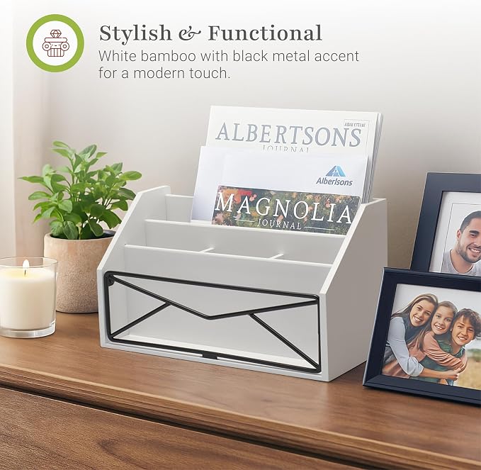 Prosumer's Choice Bamboo Desk Organizer – White Powder-Coated Natural Bamboo Mail Organizer for Countertop - Wooden Desktop Organizer for Mail, Files, Letters, and Tabletop Storage