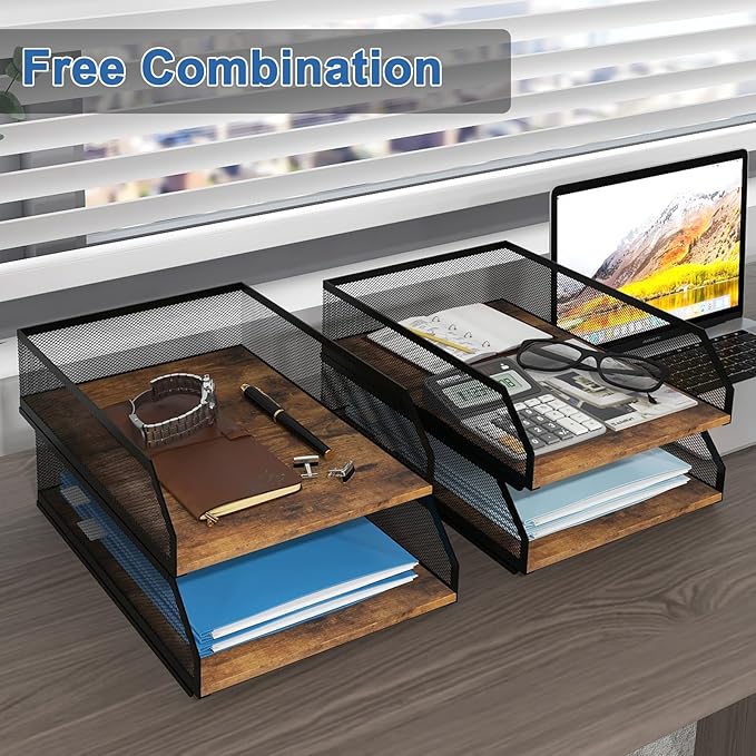 Natwind 4-Tier Stackable Metal Mesh Paper Organizer with Sliding Tray,Retro | Wooden Desk Organizer, Letter Tray For Desktop,File Holder For Home Office School Classroom Organization