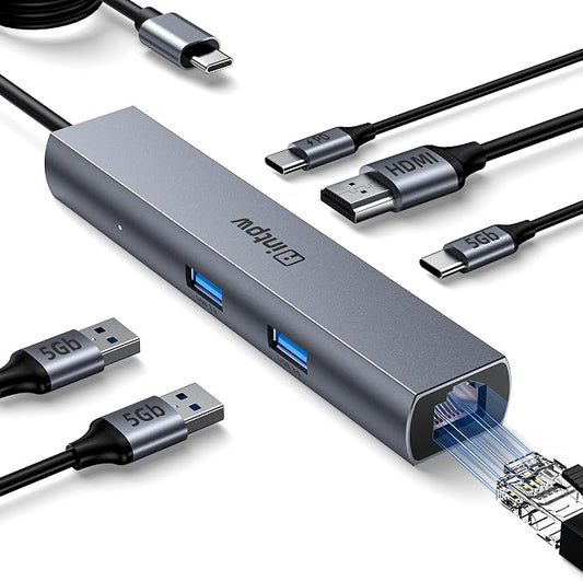USB C Hub, intpw 6 in 1 USB C Multiport Adapter with 4K@60Hz HDMI, Gigabit Ethernet,100W PD, 5Gbps USB 3.0 Data Transfer, USB C Dongle for MacBook Pro/Air,iPad Pro and More
