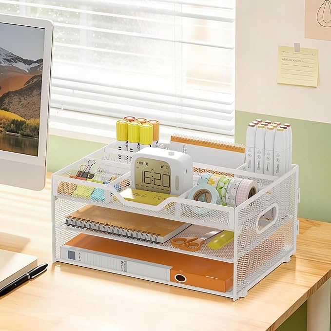 3-Tier Letter Paper Tray Desk Organizer, White Desktop File Rack Holder with 3 Drop in Pencil Holder and Sliding Tray for Office Classroom and Home Supplies Organization Storage