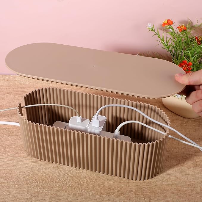 2 Pcs Large Cable Management Box, Plastic Cord Organizer for Power Strips, Surge Protectors, Chargers, Adapters, TV Computer Wires Hider for Home Office Desk, Khaki