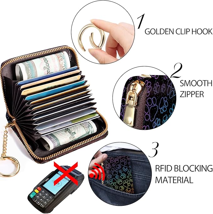 Credit Card Holder RFID Wallet, Small Card Holder Wallet for Women with Keychain Zipper, Funny Leather Print Credit Card Wallets Accordion Gift