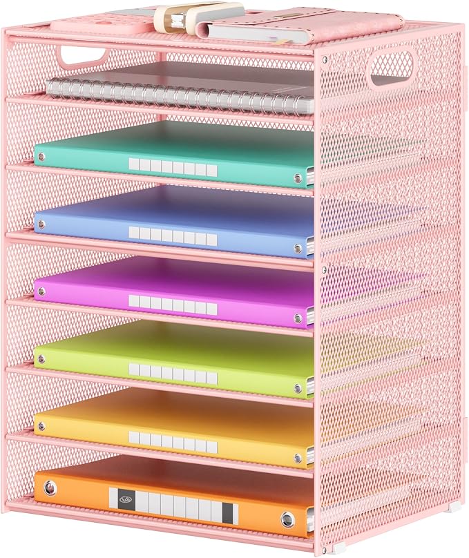 Lavatino 8-Tier Letter Tray Desk Paper Organizer, Mesh File Sorter Tray Organizer for Desk Office Supplies & Home Organization, Fits A4 Paper, Mail, Magazines and Office Accessories (Pink with Handle)