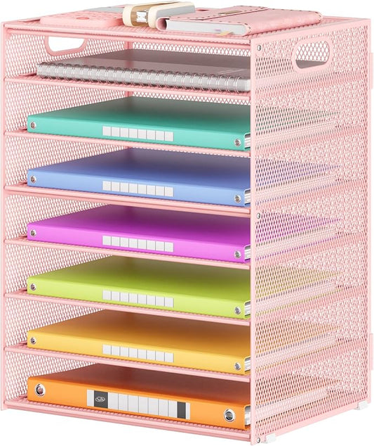 Lavatino 8-Tier Letter Tray Desk Paper Organizer, Mesh File Sorter Tray Organizer for Desk Office Supplies & Home Organization, Fits A4 Paper, Mail, Magazines and Office Accessories (Pink with Handle)