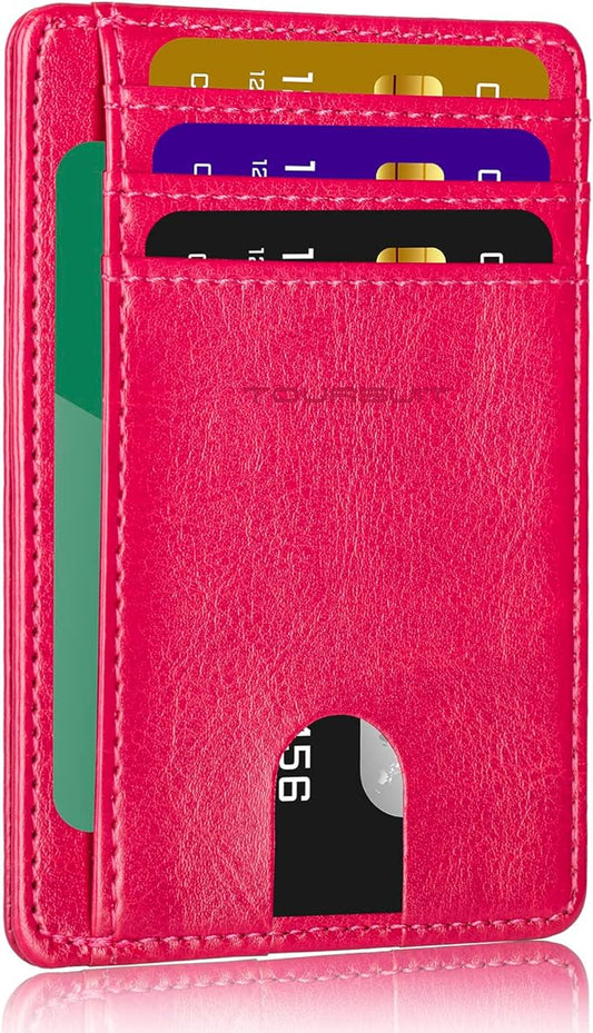 TOURSUIT Travel Minimalist Slim Front Pocket Wallet for Men Women, RFID Blocking Credit Card Holder Case (Rose Red)