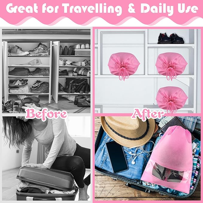 Pink Travel Shoe Bags - 5 Pcs Non-Woven Drawstring Packing Bags with Clear Window (15.7" x 11.8")