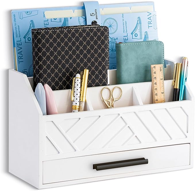 Wood Desk Organizer and Accessories with Drawer, Bill Mail Organizer and File Mail Holder for Office Supplies, Modern Desk Accessories & Workspace Organizers for Desk Organization
