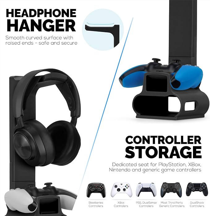 BRAINWAVZ Headphone & Game Controller Stand Designed for Steelseries Arctis Nova Pro, Elite and Pro Omni Wireless Headsets with Dock for the Wireless Base Station - Black (HP03)