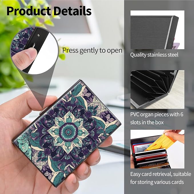 Metal Wallet for Women Men Girls, RFID Blocking Slim Aluminum Credit Card Holder, Mini Travel Wallet with Hard Shell, Lightweight ID & Business Card Case,Art Mandala