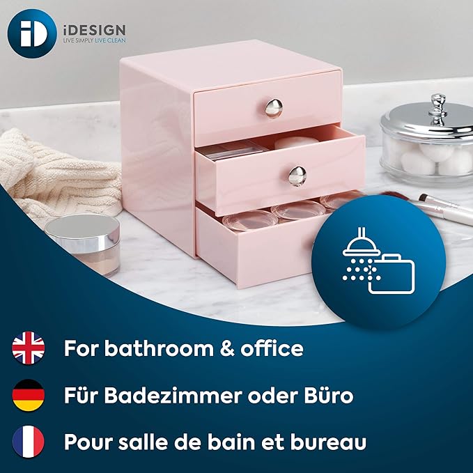 iDesign Plastic 3-Drawer Jewelry Box, Compact Storage Organization Drawers Set for Cosmetics, Dental Supplies, Hair Care, Bathroom, Office, Dorm, Desk, Countertop, 6.5" x 6.5" x 6.5", Pink