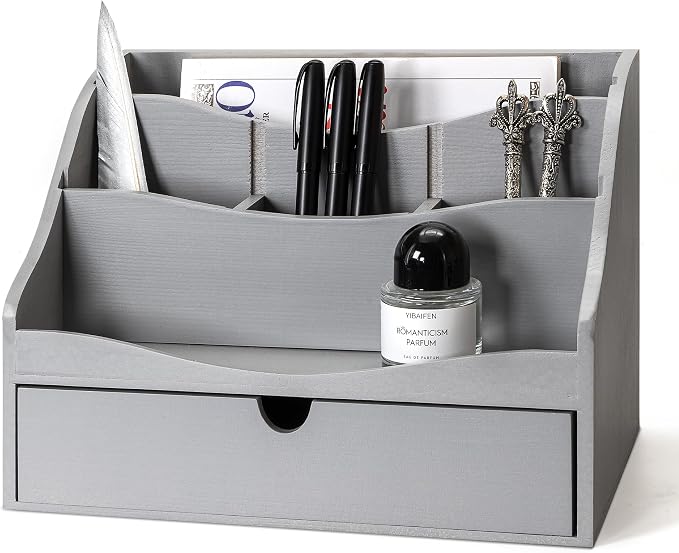 Pine Wood Mail Organizer for Desk - Rustic Farmhouse Mail Sorter Countertop Organizer for Letter Paper, Files & Everyday Essentials - Wooden Folder Organizer with Drawer for Home & Office Decor (Gray)