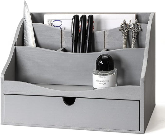 Pine Wood Mail Organizer for Desk - Rustic Farmhouse Mail Sorter Countertop Organizer for Letter Paper, Files & Everyday Essentials - Wooden Folder Organizer with Drawer for Home & Office Decor (Gray)