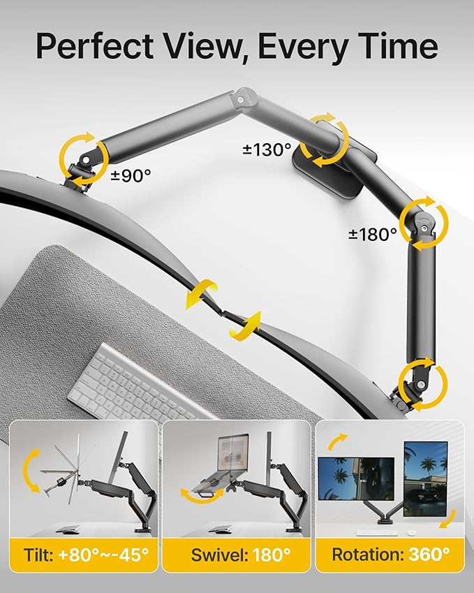 monTEK Laptop Arm Mount for Desk for Max 32” Screen and 18” Notebook, Dual Monitor Stand with Adjustable Laptop Holder, Holds up to 19.8 lbs, Full Motion Arm with Clamp/Grommet Base, 75/100 VESA Mount