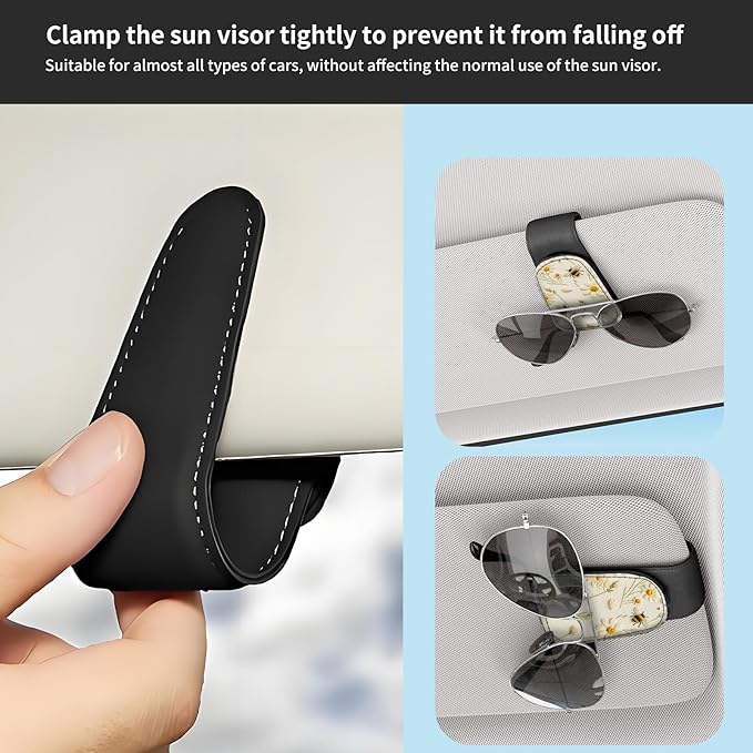Sunglasses Holder for Car Visor, PU Leather Glasses Clip Organizer, Cute Magnetic Eyeglass Holder for Vehicle Sun Visor, Car Interior Accessory for Women & Men Bee Daisy Cream