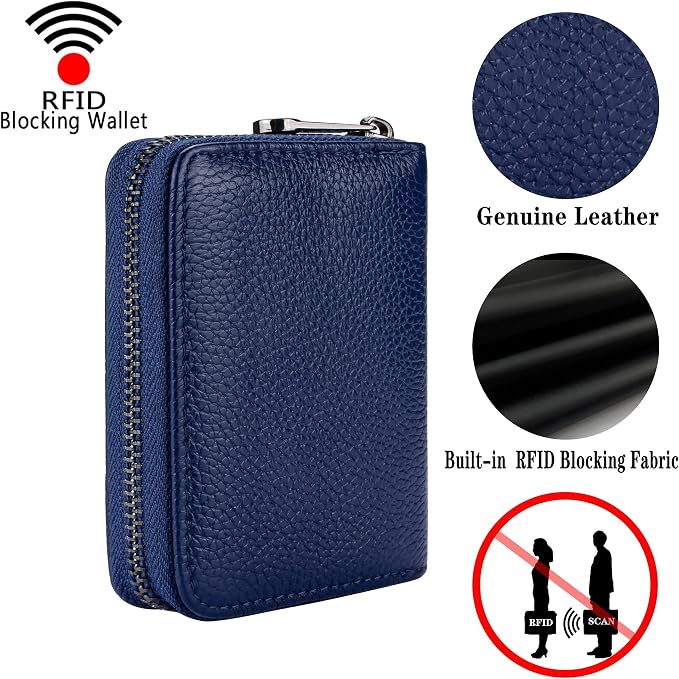 Suweibuke Genuine Leather Credit Card Holder Zipper Wallet RFID Blocking Secure Card Case ID Case Organizer (Dark Blue)