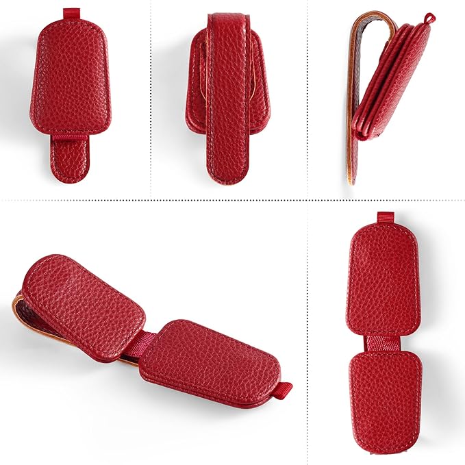 SINGARO Sunglasses Holder for Car, Leather Magnetic Buckle Sun Visor Sunglass Clip, Ticket Card Storage Glasses Clip, Car Interior Accessories for Men and Women（Red）