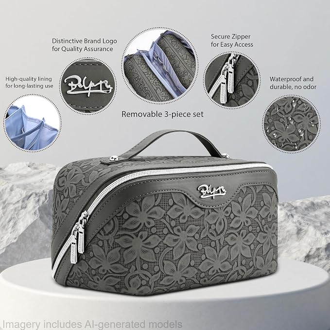 BOYATU Travel Makeup Bag Cosmetic Bags for Women: Large Capacity 3 Pcs Set Make up Bag with Compartments - Waterproof Vegan Leather Toiletry Organizer Bags with Handle (Z-62Grey)