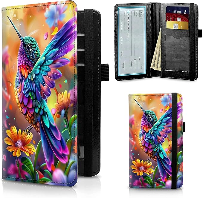 Leather Checkbook Covers for Men Women Check book Holder Cover Wallets for Personal Checkbook Duplicate Checks with RFID Blocking & Elastic Strap-Colorful Hummingbird with Flower