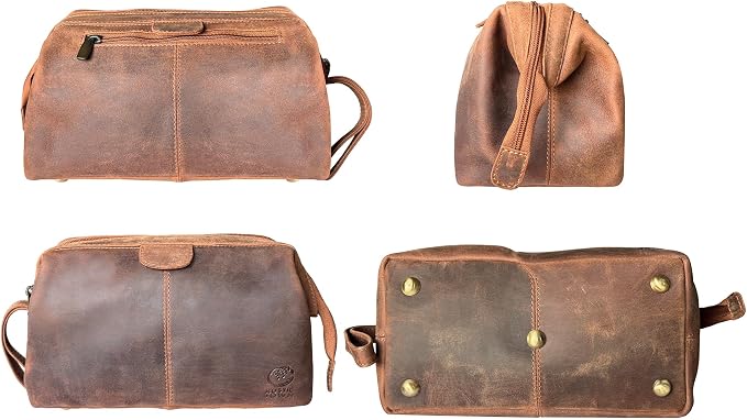 RUSTIC TOWN Full Grain Leather Toiletry Bag for Men – Wide Opening Dopp Kit with Metal Frame, Water-Resistant Travel Organizer for Shaving, Grooming & Accessories