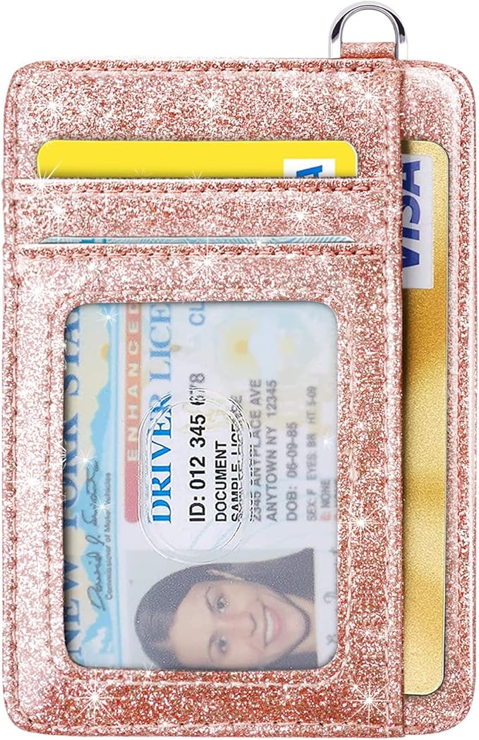 Coco Rossi Slim Front Pocket Wallet RFID ID Card Holder Cute Small Wallet with Keychian for Women,Rose Gold Glitter