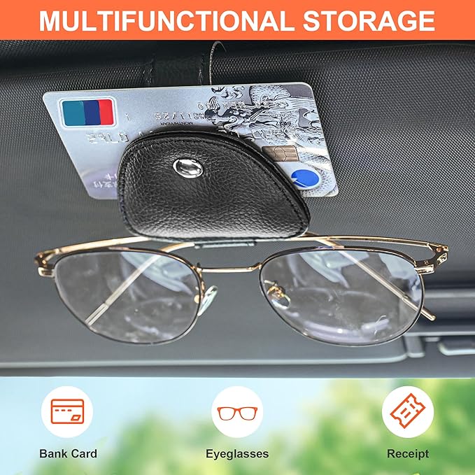 2 Packs Sunglasses Holders for Car Visor - Magnetic Leather Sunglasses Holder and Ticket Card Clip