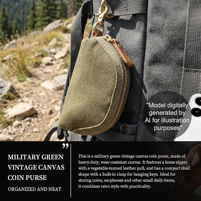 Gexmil Coin Purse with Zipper, Pure Premium Cotton, Mini Coin Pouch for Women Men, Change Wallet,Army Green