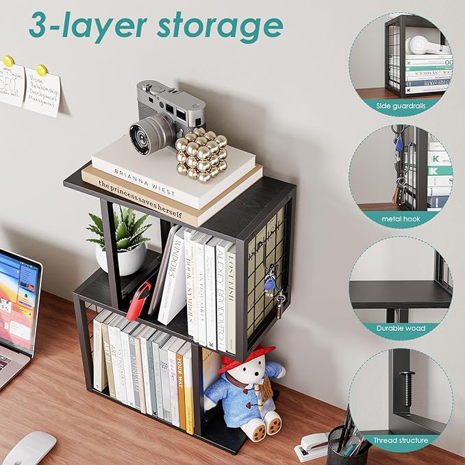 Bookshelf Desk Organizer，3-Tier Shelf for Top of Desk Workspace Organizers for Office Accessories, Black