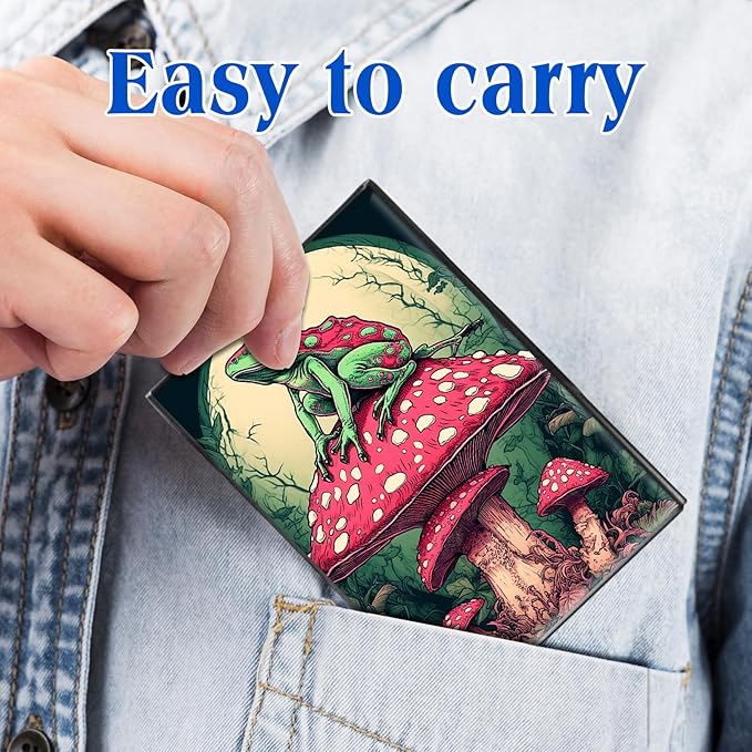RFID Blocking Credit Card Holder - Slim Metal Wallet for Women & Men,Frog Sitting on Mushroom Design Stainless Steel Business Card Case,Compact Pocket Organizer for Travel & Daily Use