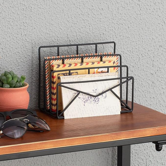 MyGift 3 Slot Modern Black Metal Wire Freestanding Desk Mail Sorter with Envelope Design, Office Desktop Letter, File, and Bill Compact Storage Organizer
