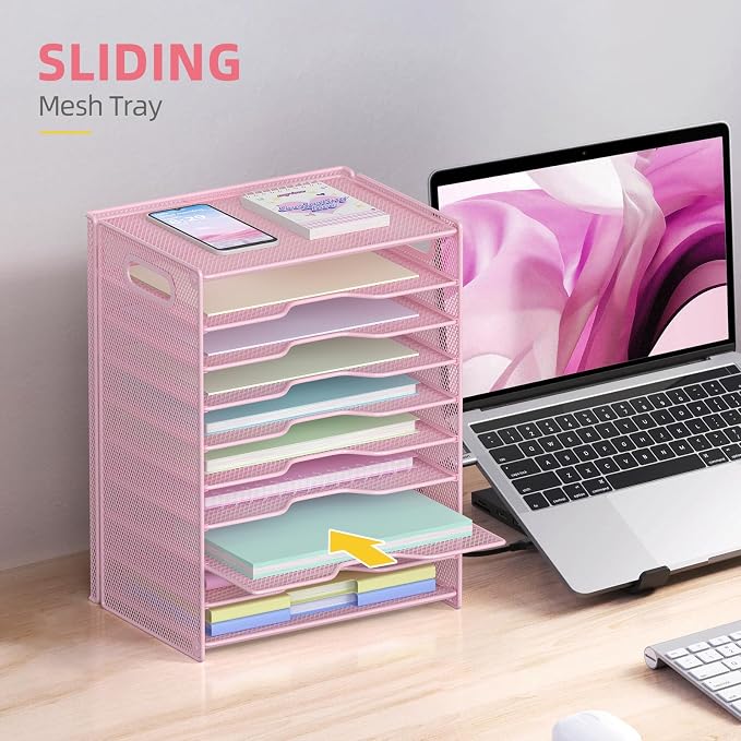 OUTWOLF 10 Tier Paper Organizer - Letter Tray Mesh Desk File Organizer with Handles for Office School Desktop, Pink
