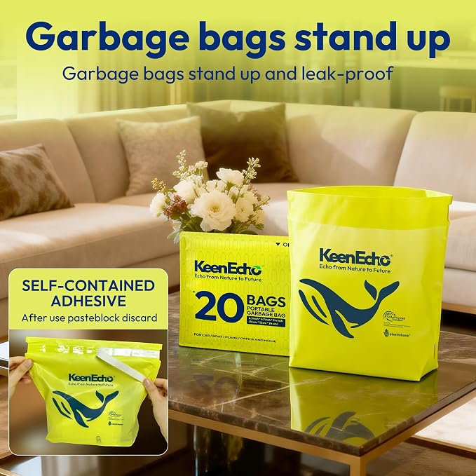 Disposable Car Garbage Bin Bags, 60 pcs, Yellow, Vomit Trash Bags made with Recycled Ocean Fishing Nets for Boat, Plane, Travel, Camping, Bedroom, Study Room, Office and Car