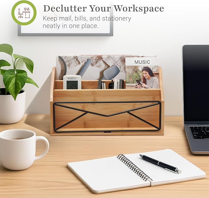 Prosumer's Choice Bamboo Desk Organizer for Office and Home – Natural Bamboo Mail Organizer for Countertop - Wooden Desktop Organizer for Mail, Files, Letters, and Tabletop Storage