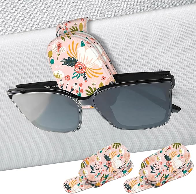 2 Pack Sunglass Holder for Car Visor, Universal Magnetic Car Sunglass Holder for Different Size Eyeglasses, Car Visor Accessories (Flower-Pink)