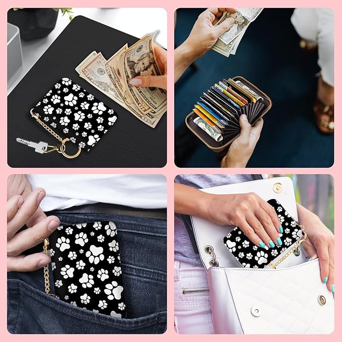 Blusabaca RFID Credit Card Holder Wallets for Women, Small Card Case Wallet with Removable Keychain and Zipper, Leather Card Holder Dog Paw Pocket Business Card Accordion Wallet