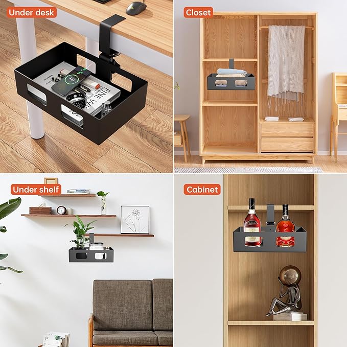 2 Pack Clamp-on Swivel Organizer, Under Desk Hidden Storage Drawer with Cable Hole, Hanging Metal Basket for Extender Space