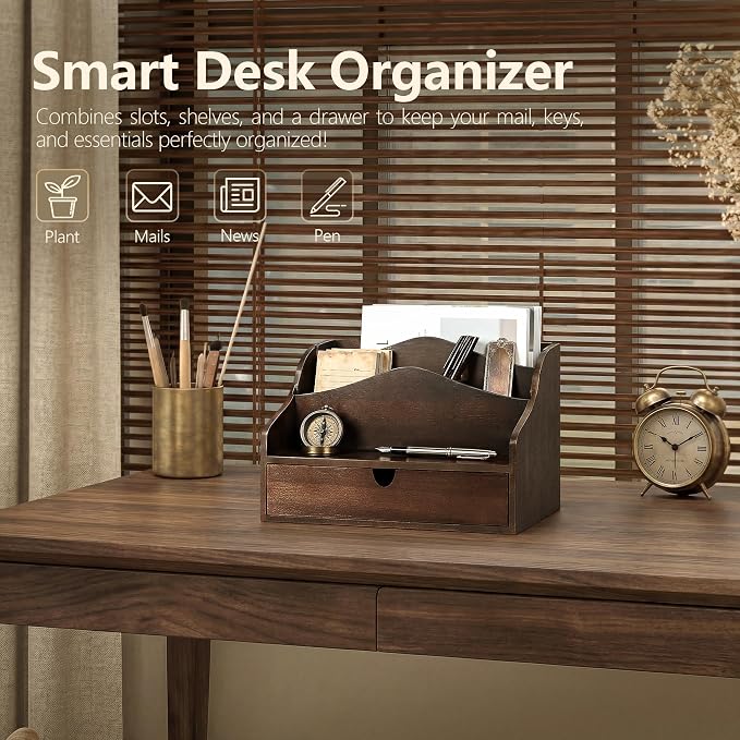 Rebee Vision Acacia Wood Mail Organizer for Desk – Farmhouse Countertop Mail Holder with Dividers – 4-Slot Letter Sorter for Key & Jewelry– Desktop Organizer for Home Decor (Dark Acacia)