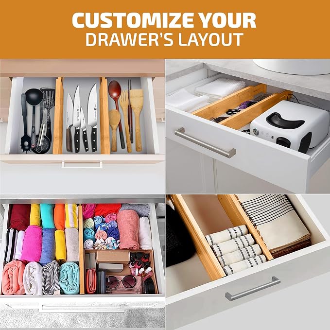 Kitchen Drawer Organizer - 4 Pack Bamboo Drawer Dividers 2.6 in High, Adjustable 16 to 22 in Expandable Spring Loaded Dividers with Non Slip Foam for Utensils, Clothes, Bathroom, Office, Dresser