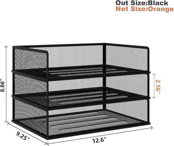 Natwind 3-Tier Stackable Metal Mesh Letter Paper Tray Organizer,Black | Desk Organizer For Paper,Document,Mail Tray For Office Supplies,File Holder For Home Office School Classroom Organization