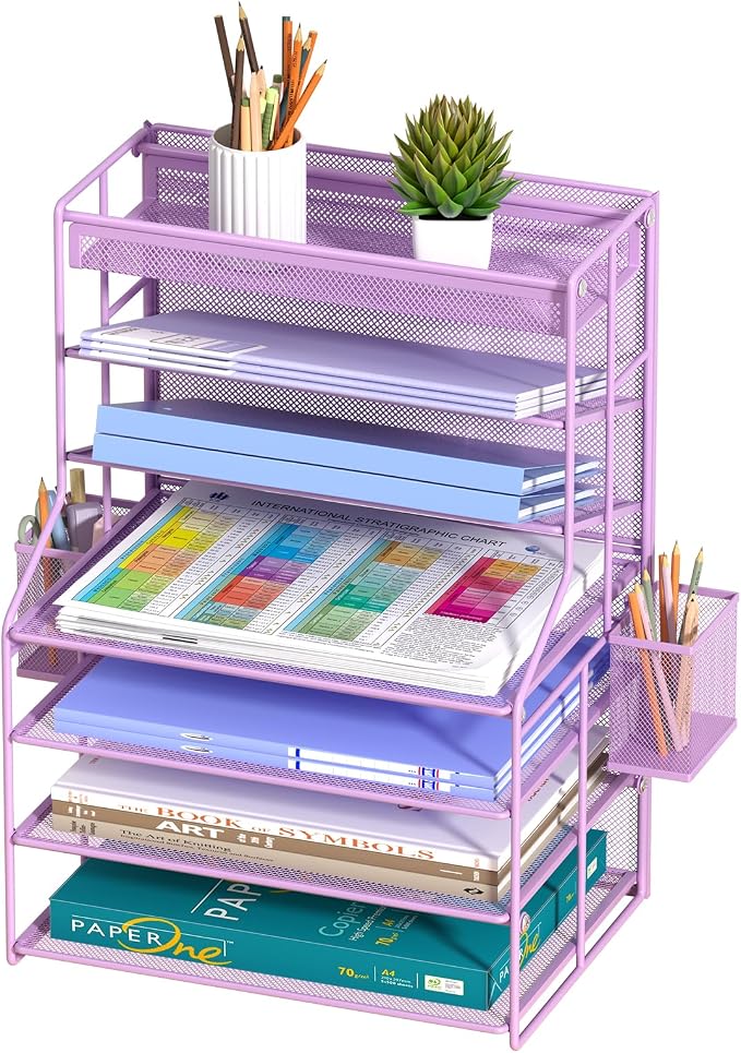 Purple 7 Tier Desk File Organizer, Metal Letter Tray Paper Organizer with Pull-Out Drawer, Removable Pen Holder & Hanging Basket, Vertical Desktop File Holder for Home Office, Classroom