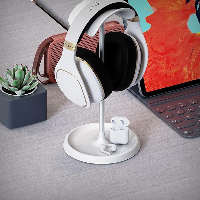 Headphone Stand, Desktop Headset Holder with Headphone Cable Storage Clip, Heavy Duty Gaming Earphone Stand with Base Curved Storage for AirPods Max, Beats, Bose,Sony and More（White）