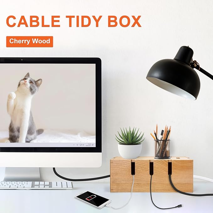 Elitzia Wood Cable Tidy Box Large Desk Cable Management Box Cord Wire Organiser for Hiding Messy Cables Wire Management Natural Cherry Wood Cables Storage Tidy Boxs for Home Salon SPA Office ETCHER01